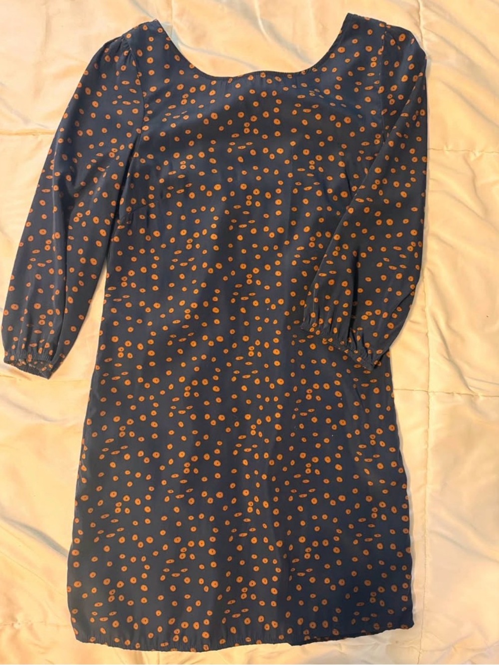 Womenβs Navy Dot Long-Sleeve Shift Dress - Navy with Orange Dots